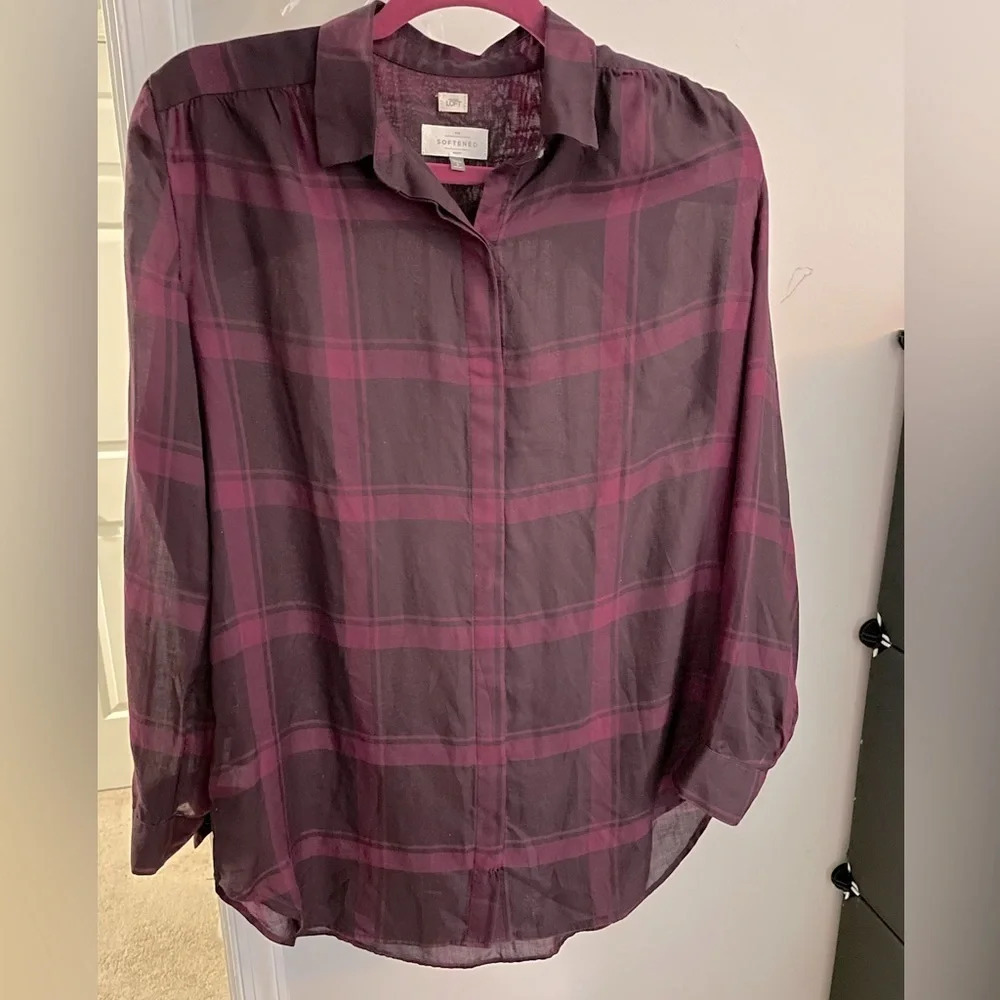 Ann Taylor LOFT softened size S Long Sleeve sheer Raspberry plaid 100% Lyocell.